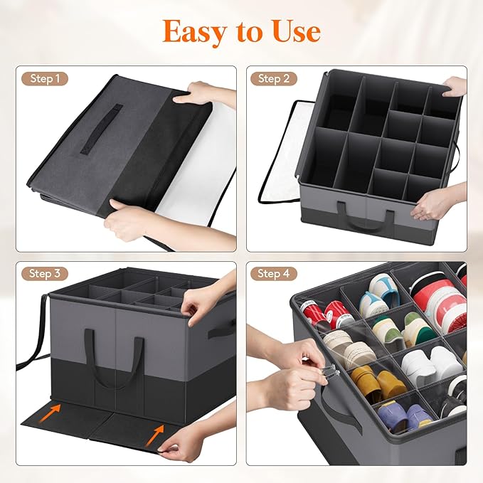 Lifewit Shoe Storage Organizer for Closet, Fabric Large Shoe Box Storage Containers with Clear Cover, Foldable Bins for Boots Heels Sneakers Fits 24-32 Pairs (Each 12-16 Pairs) 2 Pack Black and Gray