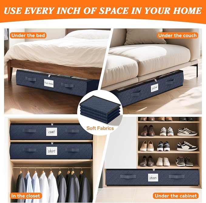 SpaceWhisper 90L Under Bed Storage Containers, 2-Pack Storage Bins with Clear Top, Foldable Closet Organizers and Storage with Label Holder for Clothing, Blankets, Comforter & Pillows(Blue)