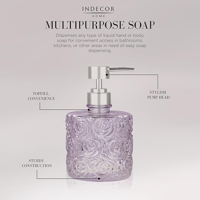 Marcella Glass Soap Dispenser with Soap Pump, Refillable 14 Ounce Capacity, Floral Design Rose Patterns, Heavy Weight Thick Glass for Bathroom, Premium Kitchen Soap Dispenser (Lavender Frost)