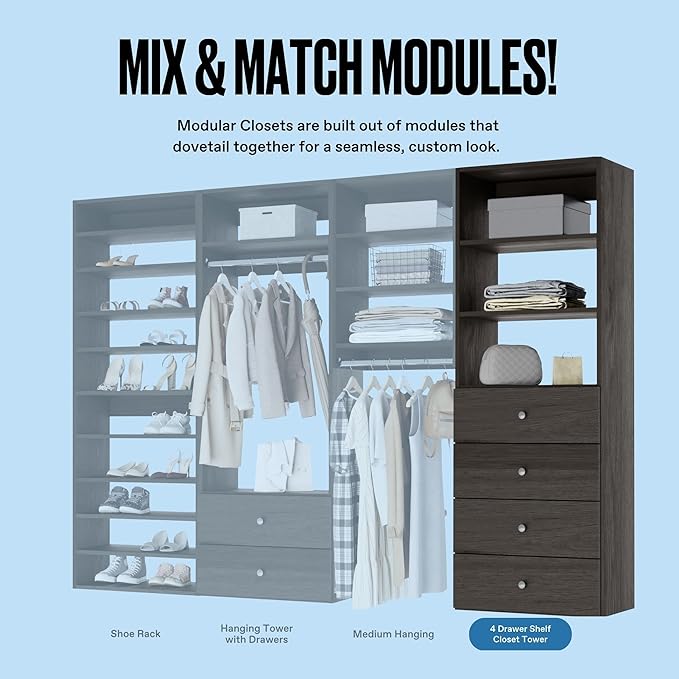Modular Closet System - Tower With Drawers (4) - Corner Closet Organizer - Storage Shelves (Gray, 25.5 inches Wide)
