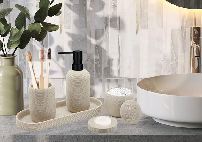 Beige Resin Bathroom Accessory Set, 5 Pcs Bathroom Accessories Set with Lotion Dispenser,Soap Dish,Toothbrush Holder,Vanity Tray,Qtip Holder Dispenser, Modern Bathroom Decor and Housewarming Gift Set