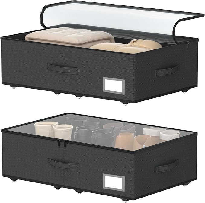 EE-RoomWorld Underbed Storage Bins with Wheels, No Assembly Required - 7.5 inch height Black Large Capacity Rolling Underbed Containers for Shoes, Dorm under bed storage drawers