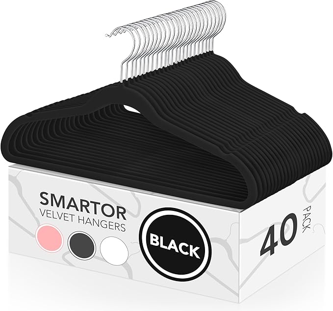Smartor Velvet Hangers 40 Pack, Non Slip Clothes Felt Hanger Heavy Duty for Coat, Premium Slim Space Saving Suit Hangers for Closet Organizer, 360° Rotating Silver Hook Black