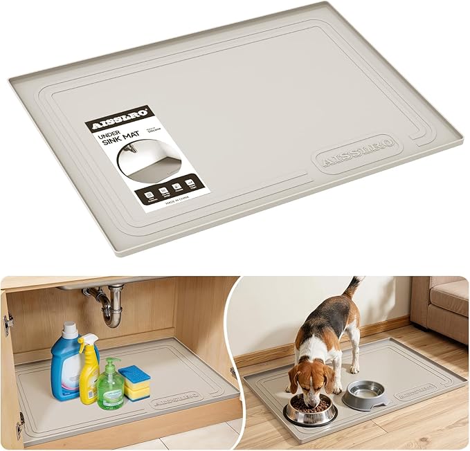 Aisslro Under Sink Mat 34" X 22", Waterproof Silicone Cabinet Organizer Protector with Raised Edge, Kitchen & Bathroom Leak Tray, Shelf Liner & Pet Feeding Mat for Dog Cat Food Mats, Beige