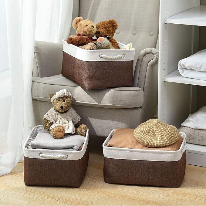 Sacyic Large Storage Baskets for Shelves, Fabric Baskets for Organizing, Collapsible Storage Bins for Closet, Nursery, Clothes, Home & Office [3-Pack, White&Brown]
