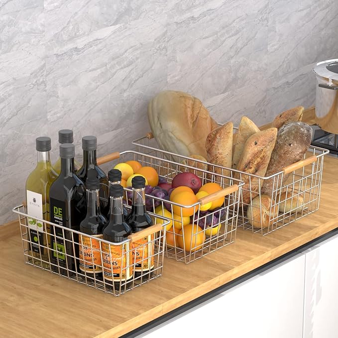 3 Pack Wire Storage Baskets for Organizing,Household Pantry Storage Freezer Baskets with Wooden Handles,Metal Storage Baskets for Bathroom, Laundry, Garage，Sliver