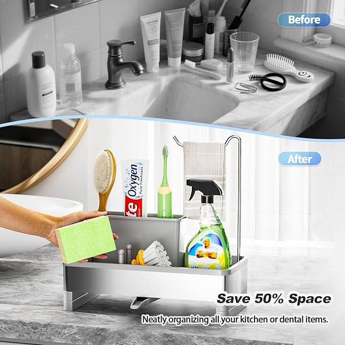 Ewaiira Stainless Steel Sink Caddy, Sponge Holder for Kitchen Sink with Brush Holder & Dishcloth Rack, Rustproof Sink Organizer Countertop, Kitchen Organizers Storage Essentials (F-Gray)