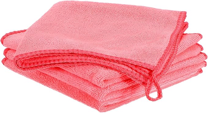 HARFINGTON 4 Pack Microfiber Cleaning Cloth, 10" x 10" Multi-Functional Cleaning Towels Reusable Absorbent Rags with Hook for Car Wash Kitchen Household Window Clean, Rose Red