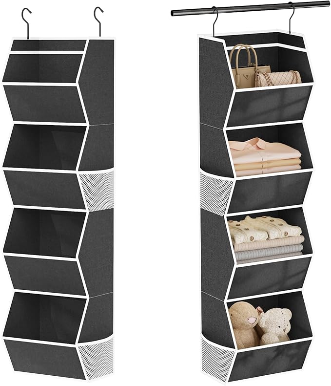 Hanging Closet Organizer 4 Shelf Collapsible Bedroom Closet Organizers and Storage Hanging with Mesh Pocket for Clothes, Closet Hanging Organizers and Storage for Fabric Wardrobe Space Saver, Black