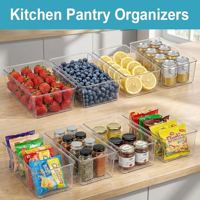 Set of 8 Pantry Organizers,2 Kinds Size Clear Plastic Organizer Bins for Kitchen,Fridge,Drawer Organization and Storage,4 compartment Snack Containers for Spice Packets,Tea bag