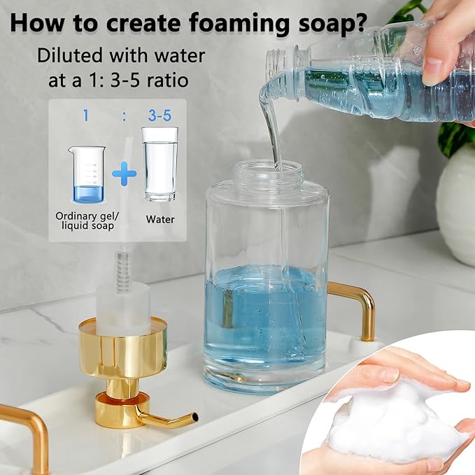 Foaming Soap Dispenser Set, 12 Oz Glass Hand Soap Dispenser with 304 Rust Proof Stainless Steel Pump, Waterproof Labels, for Bathroom Decor Kitchen College Dorm, Clear Gold Pump 2 Pack