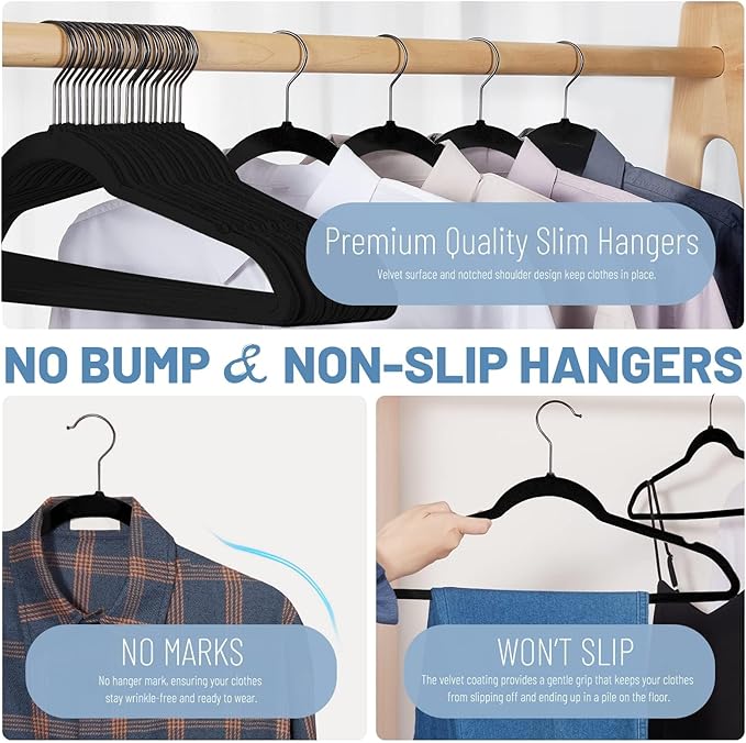 HOUSE DAY Black Velvet Hangers 60 Pack, Non Slip Felt Hanger, Slim Velvet Clothes Hangers for Suits, Shirt, Heavy Duty Coat Hanger for Closet