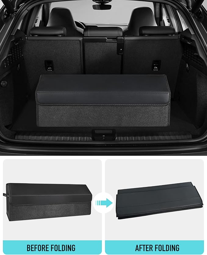 Car Organizers for Trunk for Suv Sedan, Leather Storage Box,Extra Large,Magnetic Lid,Collapsible and Adjustable, S004, Black
