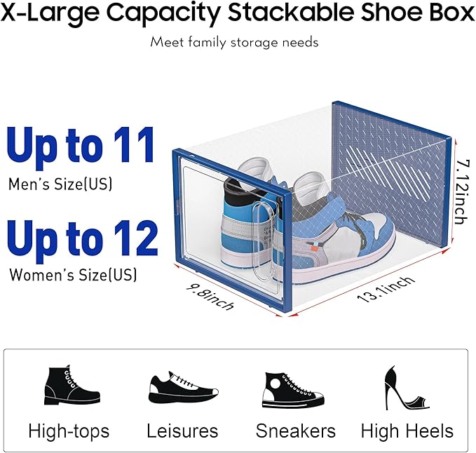 eWonLife Large Shoe Organizer Storage Box with Magnetic Door,12 Pack Clear Plastic Stackable Sneaker Containers for Closet, Connect Left and Right Shoe Box for Entryway, Drop Front, Under Bed (Blue)