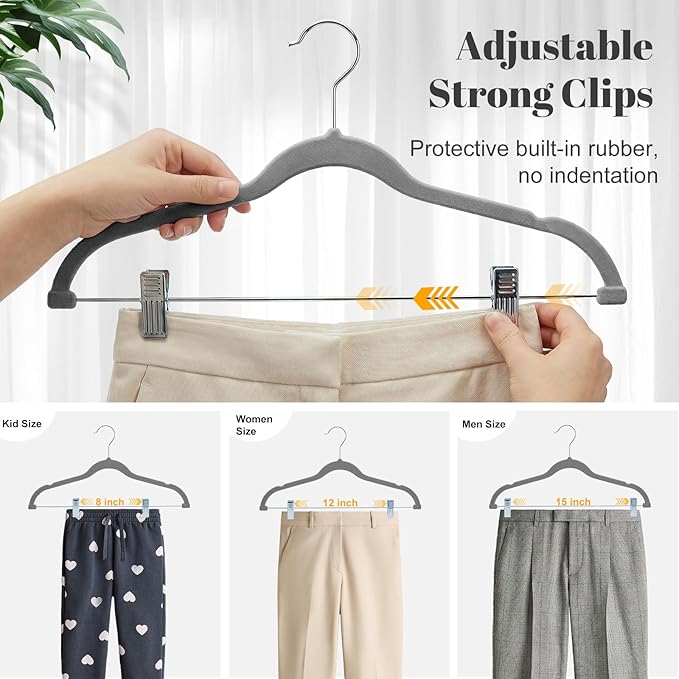 HOUSE DAY Velvet Skirt Hangers 24 Pack, Gray Hangers with Adjustable Clips, Space Saving Slim Velvet Pant Hanger, Heavy Duty Non Slip Clip Hanger for Pants, Skirts, Shorts