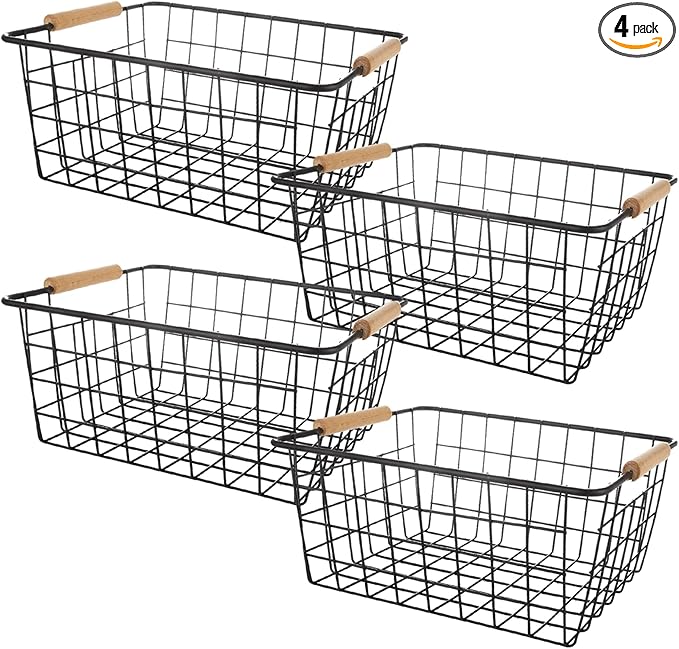 4 Pack Black Metal Wire Storage Baskets, Pantry Baskets for Organizing, Wire Food Storage Basket Organizer with Wooden Handles for Kitchen, Pantry, Freezer - 29 x 22 x 12cm