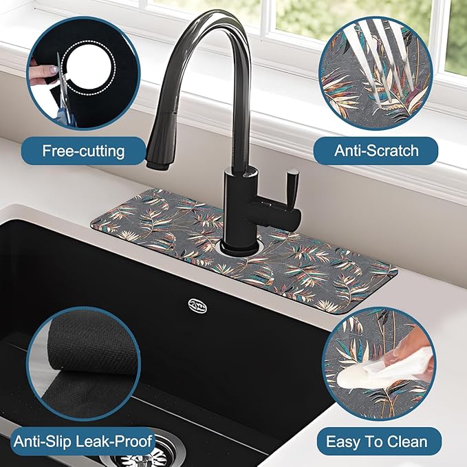 Ceramic Texture Kitchen Sink Splash Guard Faucet Mat Kitchen Tiles Super Absorbent Fast Drying Mat Sink Splash Guard Behind Faucet for Kitchen Bathroom, 15.5"x5.5"