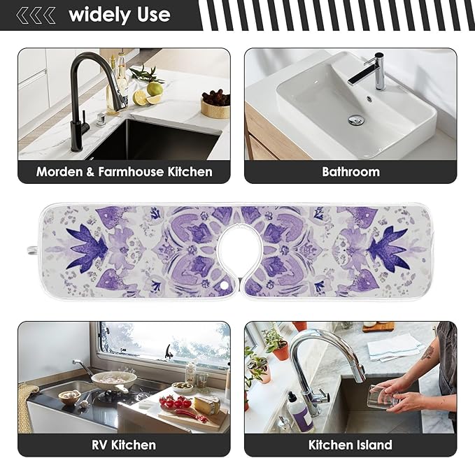 Sink Faucet Absorbing Mat Kitchen Sink Splash Guard Splash Faucet Drip Catcher for Bar RV Bathroom 2PCS 14.9x5.5in Lavender Flowers Teal Mandala Purple