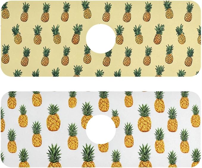 Light Yellow Pineapple White Kitchen Sink Splash Guard Sink Faucet Mat Faucet Handle Drip Catcher Drain Mats for Kitchen Bathroom Countertop Absorbent Dish Drying Pad 2Pack 30x5.4IN