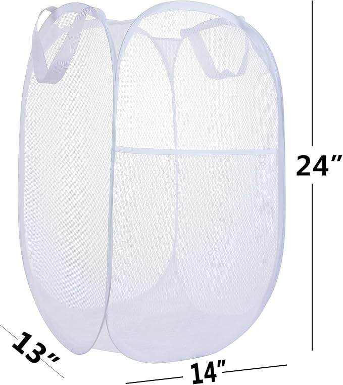 2 Pack Laundry Basket,Foldable Mesh Popup Laundry Hamper with Durable Handle,Easy to Open and Fold for Dorm, Laundry Room, Bedroom, RV(White+ White)…