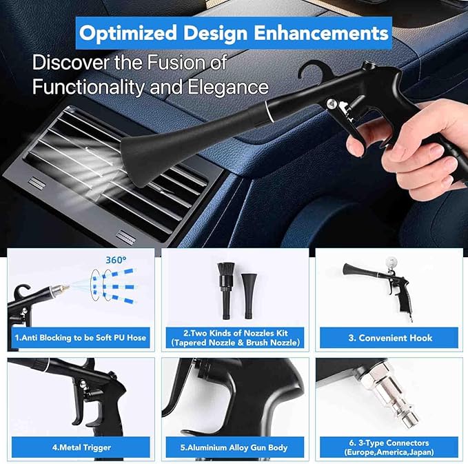 Car Cleaning Gun,High Pressure Air Blow Gun,Fast Interior Dryer Car Detailing Kit,Car Detailing Tools for Quickly Blowing Dust and Dirt Away Working with Compressed Air(2 MORE REPLACEMENT BRUSH HEADS)