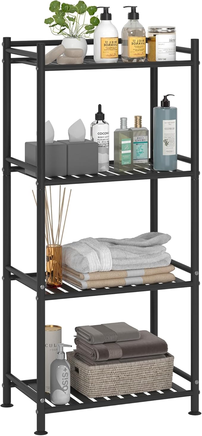 4 Tier Bathroom Storage Open Shelf Unit, Free-Standing Metal Corner Rack Shelving for Kitchen, Living Room, Hallway (Black, Wider 4 Tier)