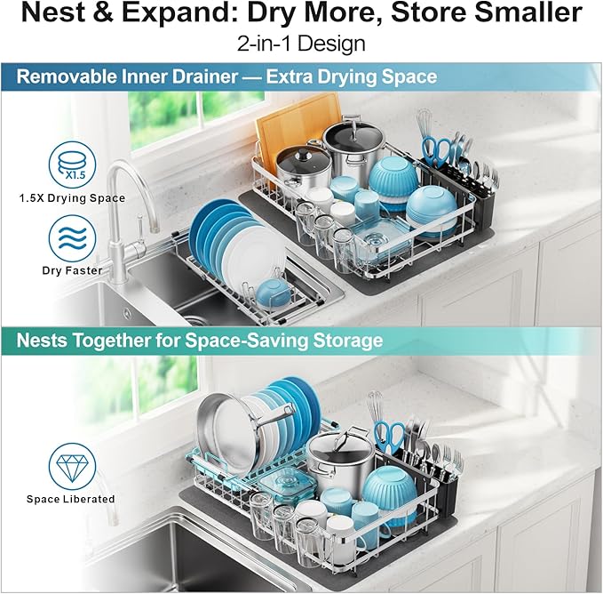 GSlife Large Capacity Expandable Dish Drying Rack with Absorbent Mat, 2-Piece Stainless Steel Dish Drainer Set for Counter with Removable Over Sink Rack, Family Size 16.5"-21.5" L x 15" W, Silver