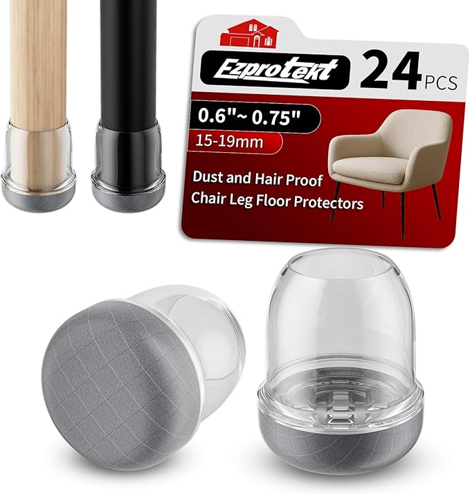 Ezprotekt 24 Pcs Chair Leg Floor Protectors, Chair Leg Caps, Silicone Protectors Covers for Hardwood Floors & Carpet, Pet Dust & Hair Proof Chair Pads - For Dining Table Chair, Clear S Fit(0.6"-0.75")