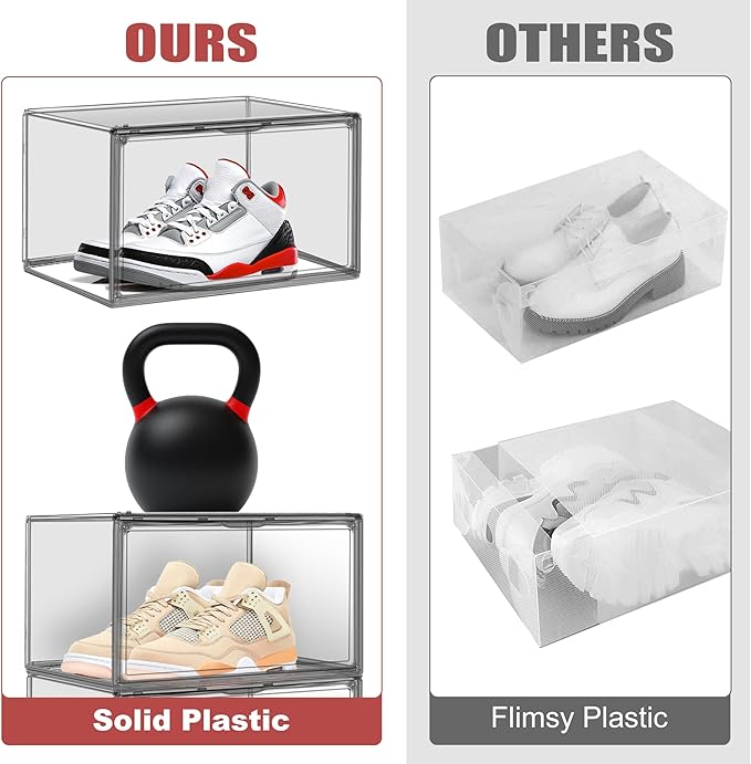 EDS FAM 4 Pack Grey Large Shoe Storage Boxes Clear Plastic Stackable Shoe Display Case with Magnetic Door, Easy Assembly Fit up to US Size 13