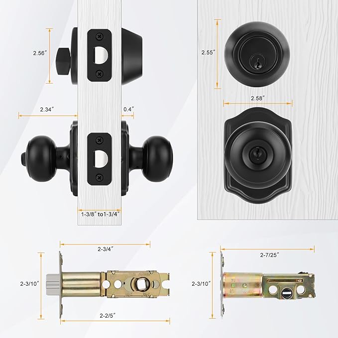 Haidms Exterior Deadbolt and Keyed Entry Black Door Knob Set, Keyed Entry Front Door Knobs, Key-Different Deadbolt Matte Black Doorknob with Lock and Key(1 Pack)