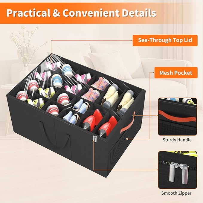 Aokeyee 2 Pack Shoe Organizer for Closet, Large Shoe Storage Box Fits up to 48 Pairs, Space Saving Foldable Shoes Organizer Bin w/Clear Cover and 4 Reinforced Handles, Black