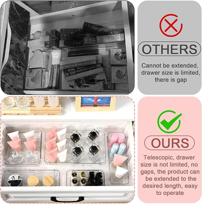 8 Pcs Mixed Extendable Clear Drawer Organizer, All Adjustable Vanity Storage Box, 2-Size Desk Drawer Organizer, Acrylic Storage Bins for Makeup, Cosmetic, Bedroom Dressers Tool Organizer for Gadgets