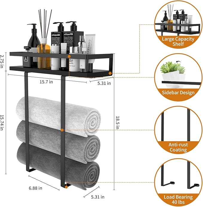 Towel Racks for Bathroom Wall Mounted, Xstydes Metal Towel Holder with Wooden Shelf for Folding Large Towels, Towel Storage for Small Bathroom Organizer Decor or RV Camping, Black