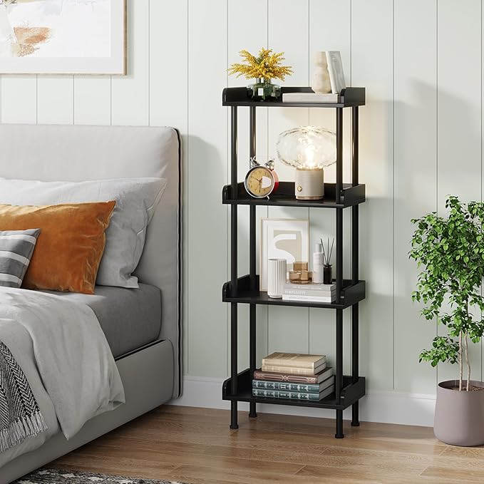 Hosfais Small Wooden Bookcase, 4-Tier Black Rustic Etagere Bookshelf for Living Room & Bedroom, Storage Organizer
