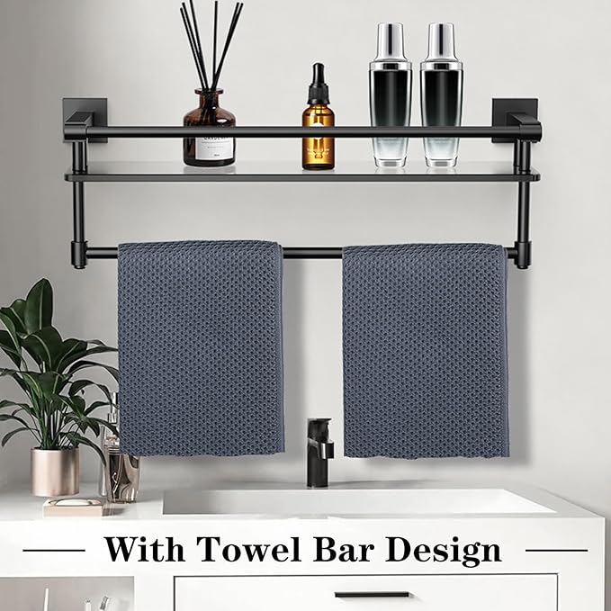 SFGSOWOR Glass Shelf for Bathroom 20 Inch Bathroom Shelves with Towel Bar Tempered Glass Shelves with Stainless Steel Towel Holder for Wall (All Matte Black)