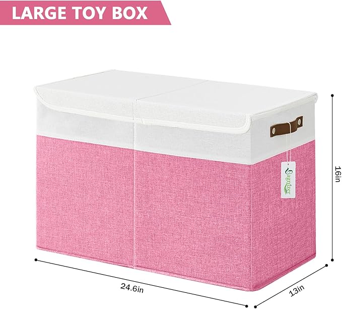 Large Toy Storage Box with Lids, Collapsible Sturdy Baby Storage Organizer Chest Bin Basket for Kids, Boys, Girls, Playroom, Nursery, Bedroom, Closet 25"x13"x16" (Pink and White)