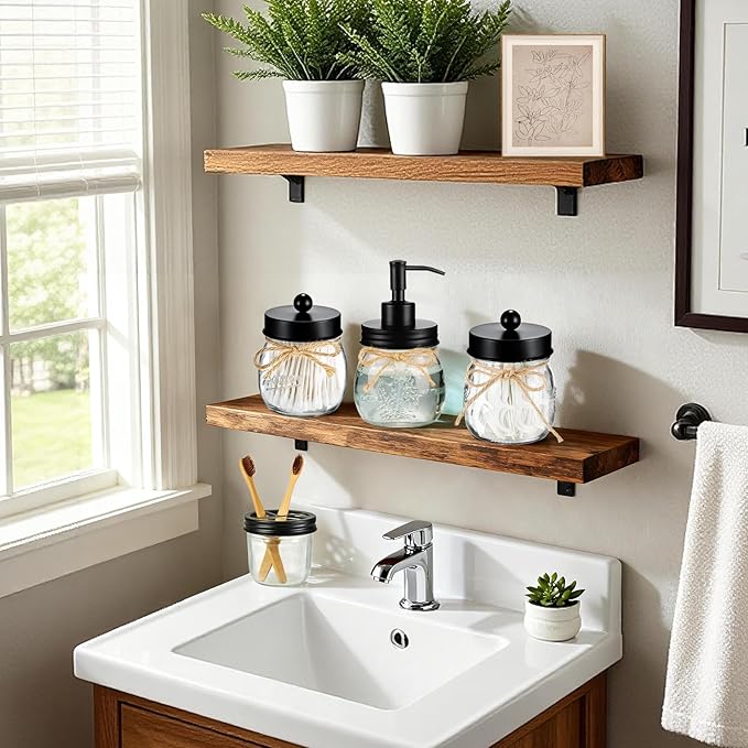 Amolliar Mason Jar Bathroom Accessories Set 4 Pcs -Lotion Soap Dispenser & 2 Qtip Holders & Toothbrush Holder - Rustic Farmhouse Decor, Bathroom Home Decor (Black)