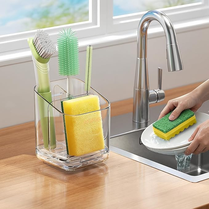 Minimalist Sponge Holder for Kitchen Sink, 3 Slots Sink Caddy with Removable Divider and Drip Tray, Clear PET Countertop Organizer to Free up Kitchen Sink Space