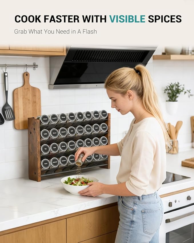 NESAPTO Spice Rack Organizer for Cabinet, Wooden 4 Tier Vertical Seasoning Organizers for Kitchen Pantry, Countertop/Wall Mount, Holds 32 Spice Jars (No Jars Included), 15.7" W × 9.4" H