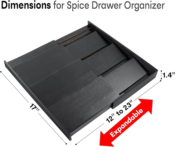 Bamboo Spice Drawer Organizer, (Need 3.1” Deep Drawer) Expandable 4 Tier Spice Rack for Cabinet (From 12" to 23" Wide), Seasoning Storage Insert, Spice Organizer for Drawer,Jars Not Included
