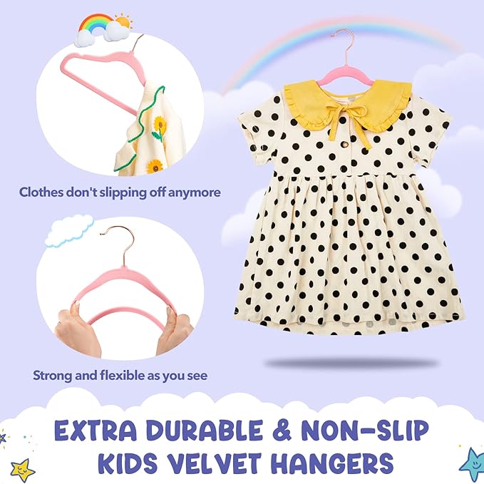 HOUSE DAY Velvet Kids Hangers 60 Pack, Premium Childrens Hangers for Closet, Ultra Thin Cute Clothes Hanger, Non Slip Small Felt Hanger 14 Inch for Kids Clothes, Blush Pink