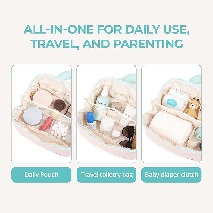 Tuck Hanging Toiletry Bag - Water-Resistant Travel Makeup Organizer with Spacious Compartments & Padded Handle for Women (Blush Petal & Mint) (Fold Travel Makeup Bag)