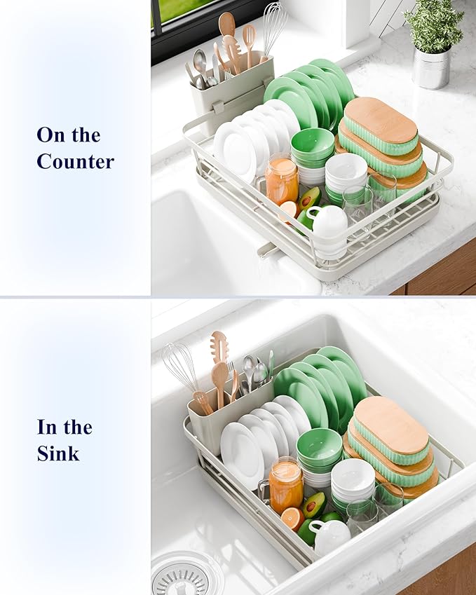 Kitsure Dish Drying Rack - Compact Dish Rack with Utensil Holder & Adjustable Water Outlet, Rust-Proof & Scratch-Resistant Drying Rack for Kitchen, 14.5" x 12.0" x 4.0", Light Grey