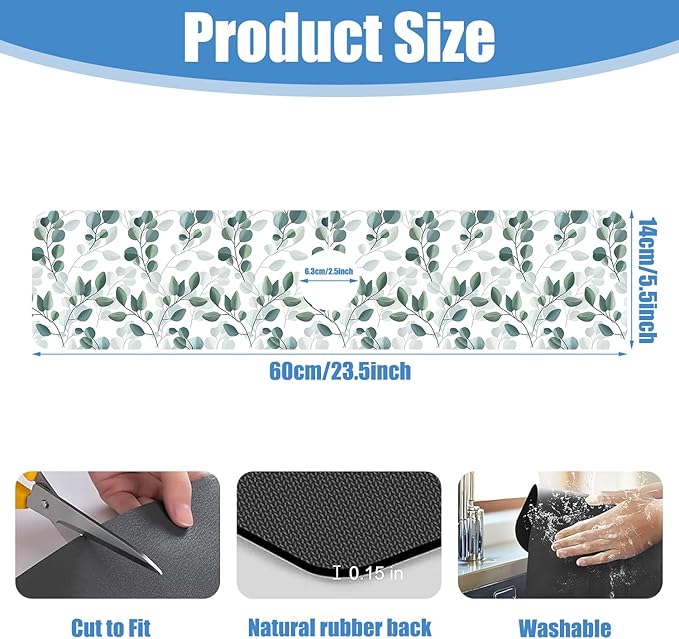 Sink Faucet Absorbing Mat Green Eucalyptus Leaf Sink Splash Guard Drying Mat for Kitchen Bathroom Faucet Sinkmat 23.5"X5.5"