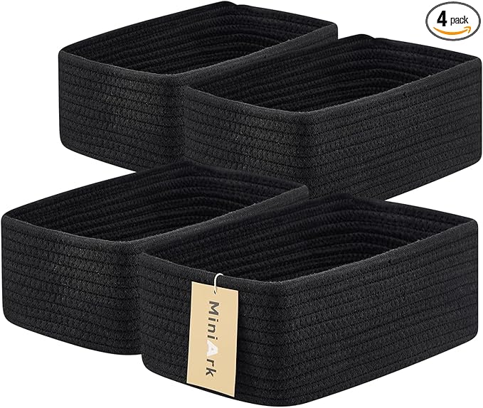 Small Storage Baskets for Organizing | Closet Organizer Bins | Shelf Toy Basket | Woven Rope Baskets | Cube Decorative Box | Shallow Basket | 11.5x7.5x4.7” | 4 Packs Black