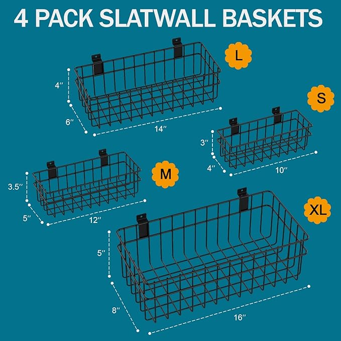 4 Pack Large Size Slatwall Baskets Set, Ventilated Metal Hanging Storage Slat Wall Basket, Mounted Slatwall Accessories for Garage Storage Organizing Display on Slatwall Panels bins (Black)