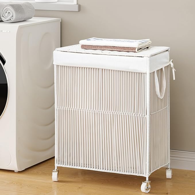 WOWLIVE Laundry Hamper with Wheels, Handwoven Rolling Laundry Basket with Lid, Clothes Hamper with Divided Removable Liner Bag, 115L Large Laundry Sorter Laundry Room Organization, Creamy White