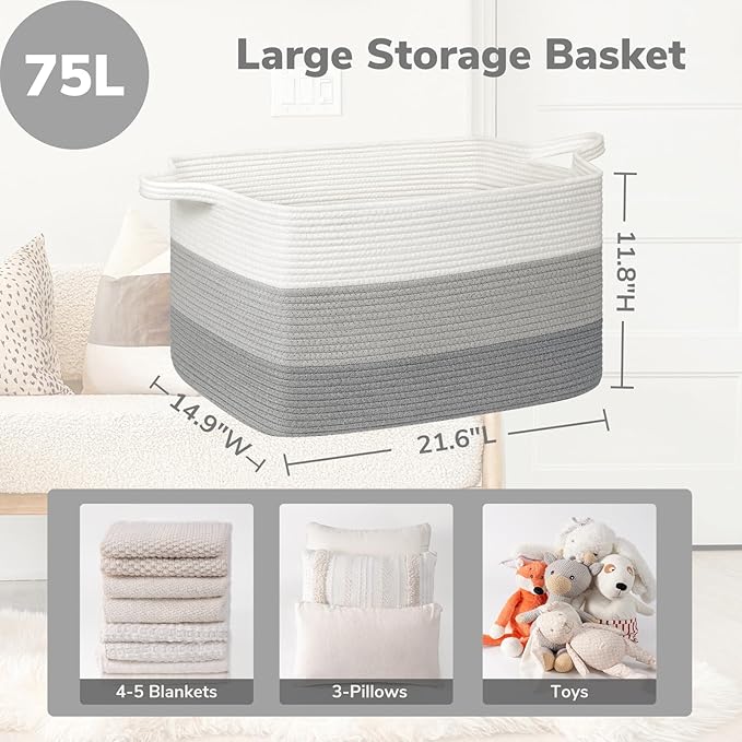 Goodpick Storage Basket, 21.6" x 14.9" x 11.8", Blanket Basket for Living Room, Large Woven Baskets for Storage, Toy Organizer, Rectangle Rope Baskets for Organizing, Gray