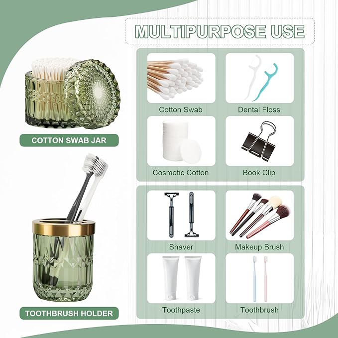 Green Bathroom Accessories Set, 5Pack Clear Glass Bathroom Accessories, Includes Lotion Soap Dispenser, Toothbrush Holder, Qtip Holder and Soap Dish, Vintage Bathroom Décor