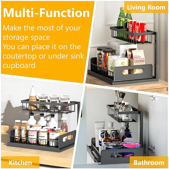 Under Sink Organizers and Storage 2 Tier Slide Out Kitchen Cabinet Organizer Sturdy Metal Bathroom Storage (Black, 1 Pack)